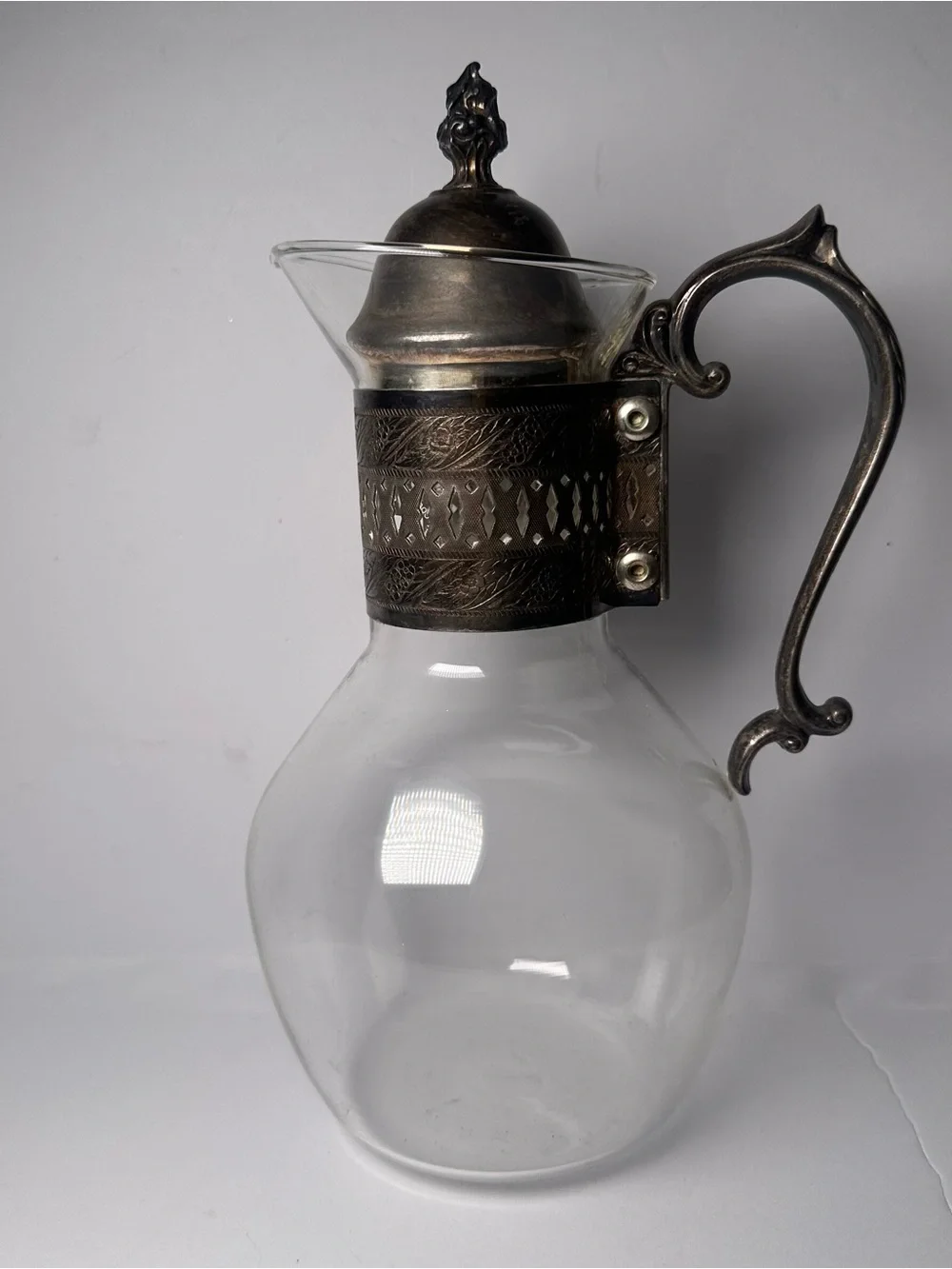 VTG Corning Glass Heat-Proof Coffee Pot Carafe Silver Plate Filigree Decanter